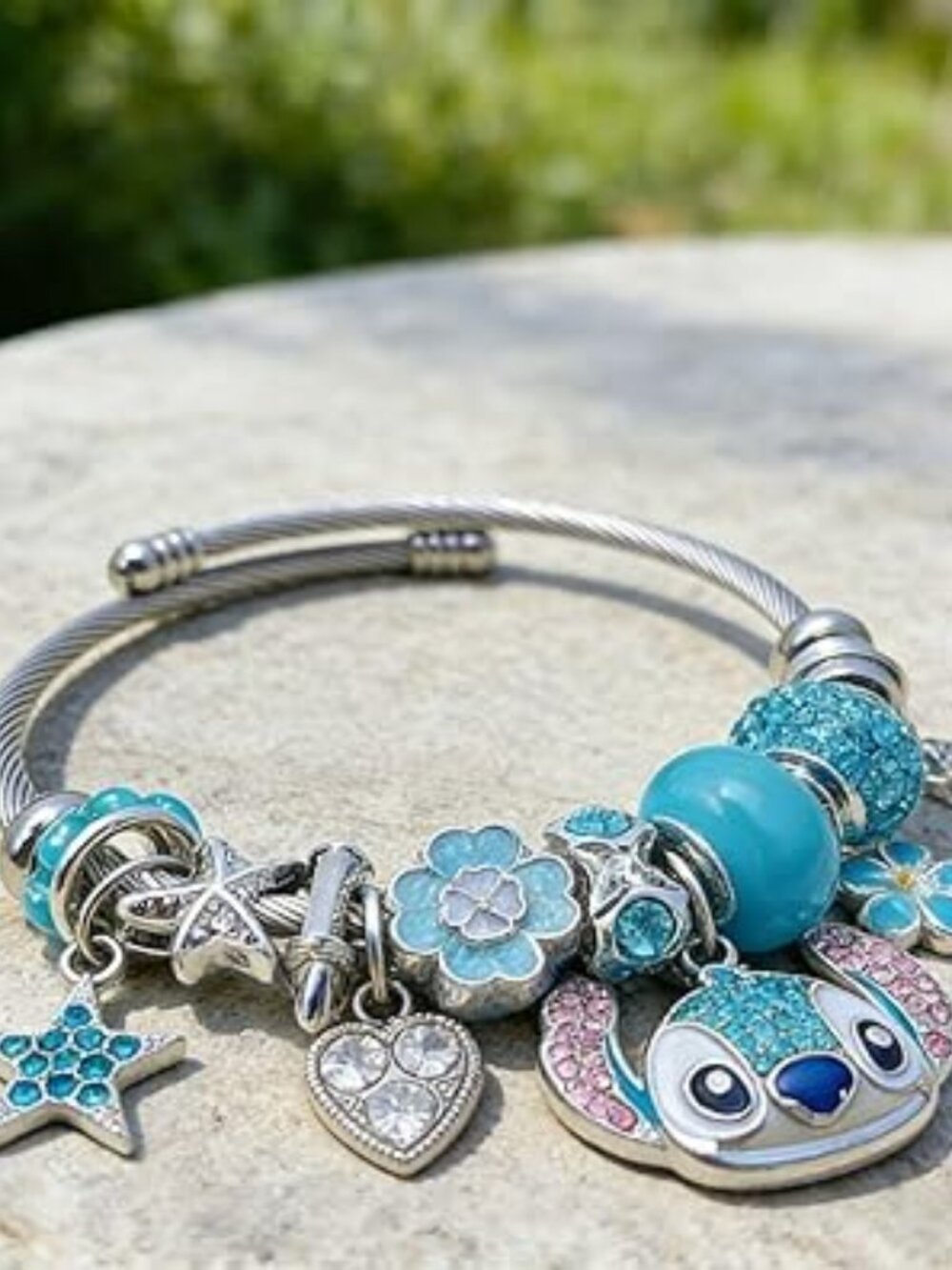 Cute‎ Stitch Silver Bangle Charm Bracelet with Charms Bling